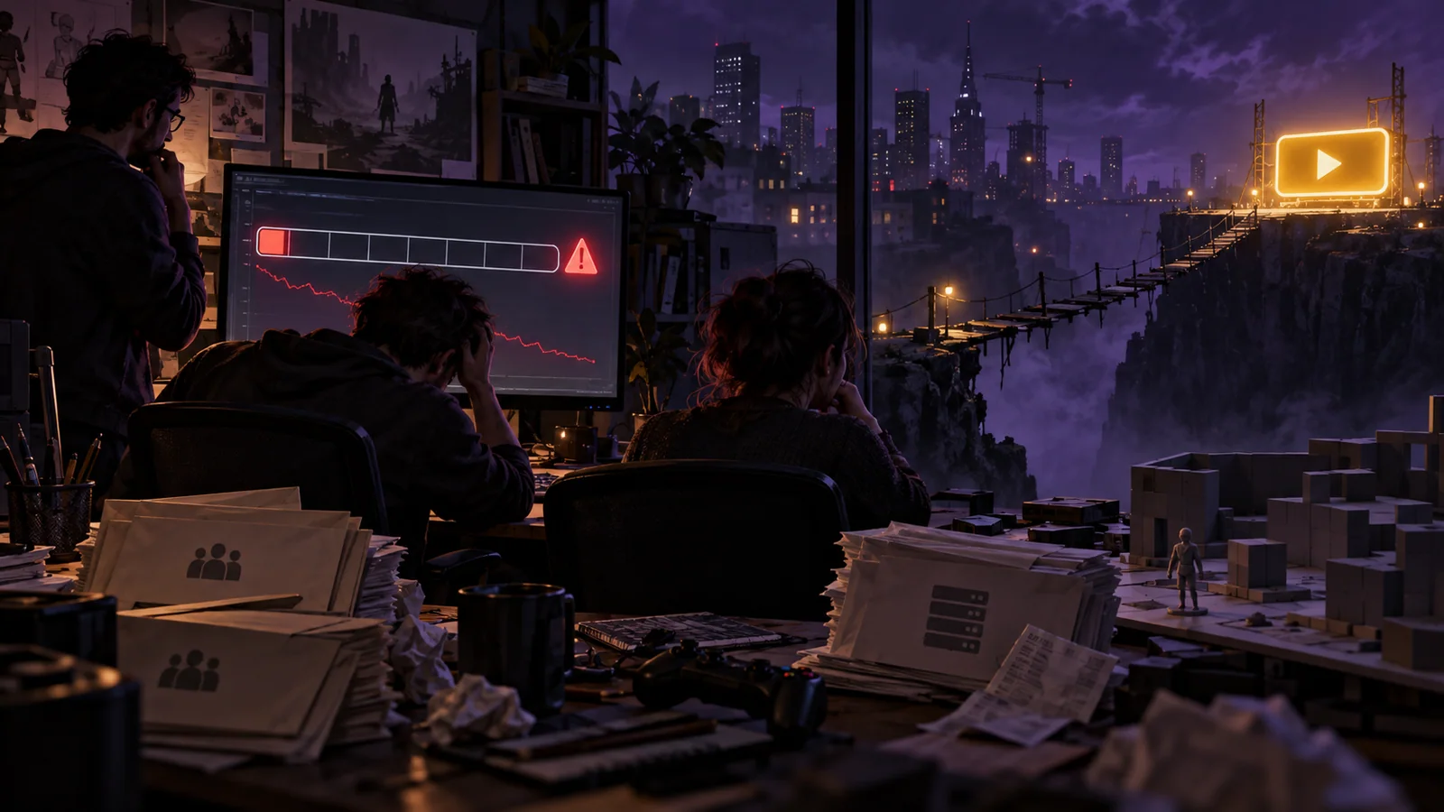 A studio's shrinking cash runway approaches zero while an uncertain Early Access launch glows beyond an unfinished bridge.
