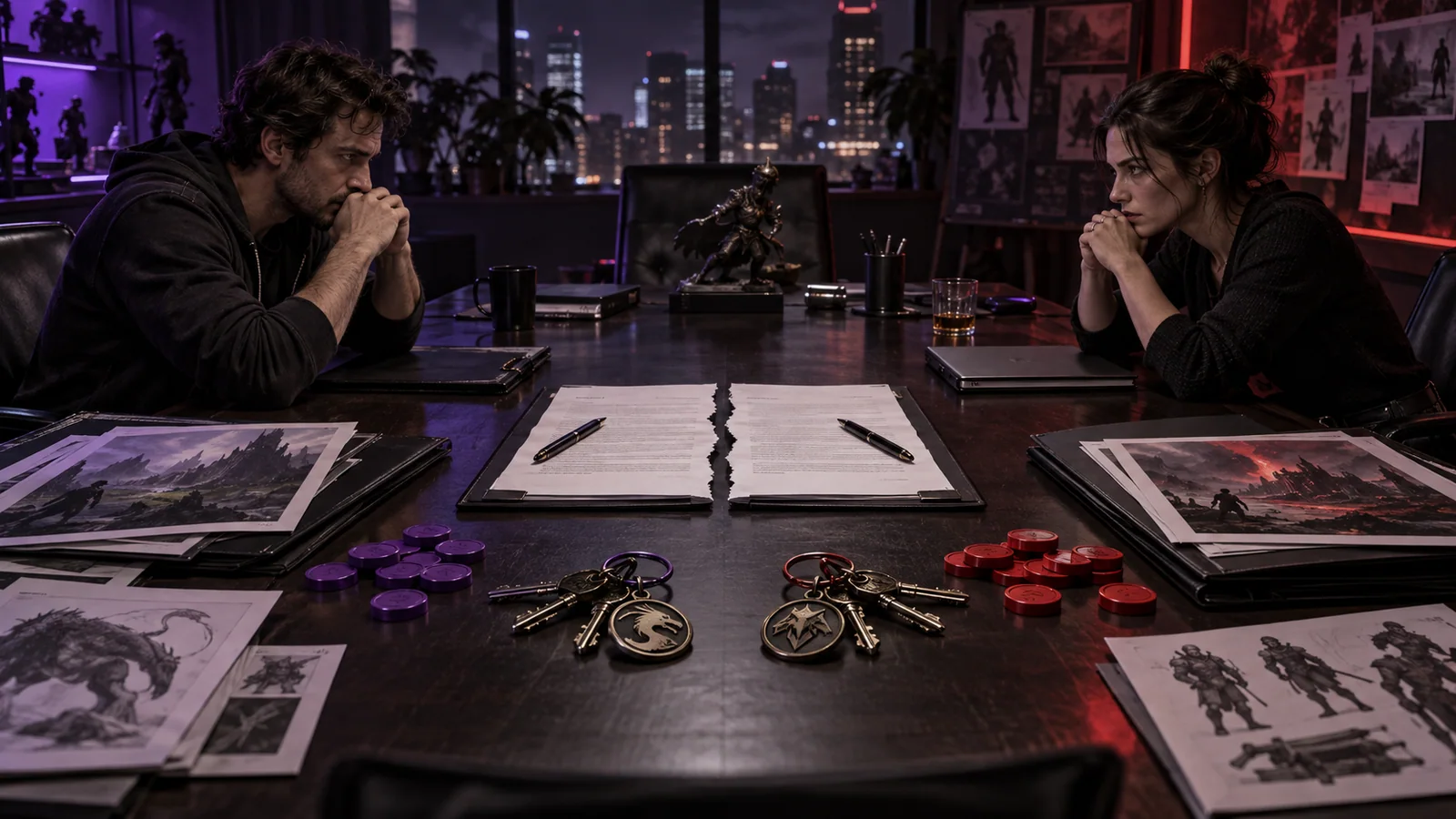 Two game-studio founders face a divided contract, ownership keys, and IP folders across a boardroom table.